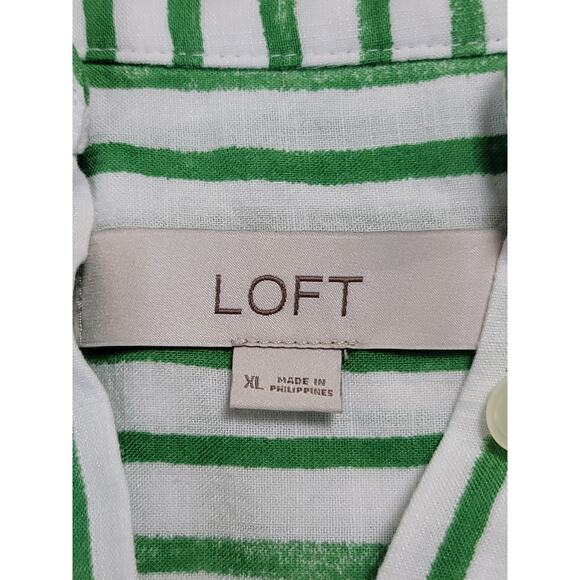 Loft Women's White Green Striped Tab Sleeve Button Flounce Dress - Picture 11 of 12